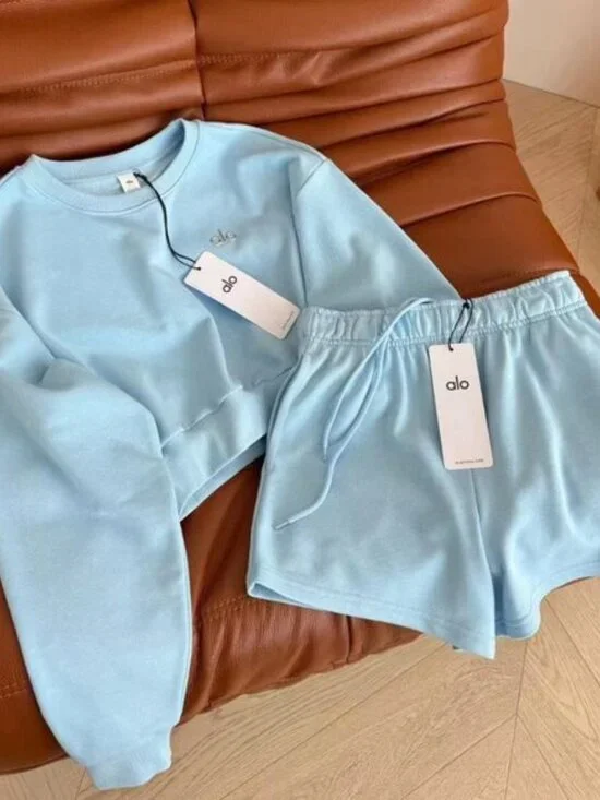ALO Blue Long-Sleeve Top & Shorts Set — Size M - Picture 2 of 3
